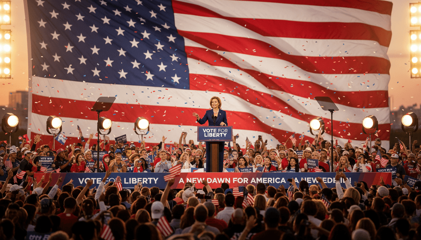 Jordan Avery speaking passionately at a campaign event with American flag in background