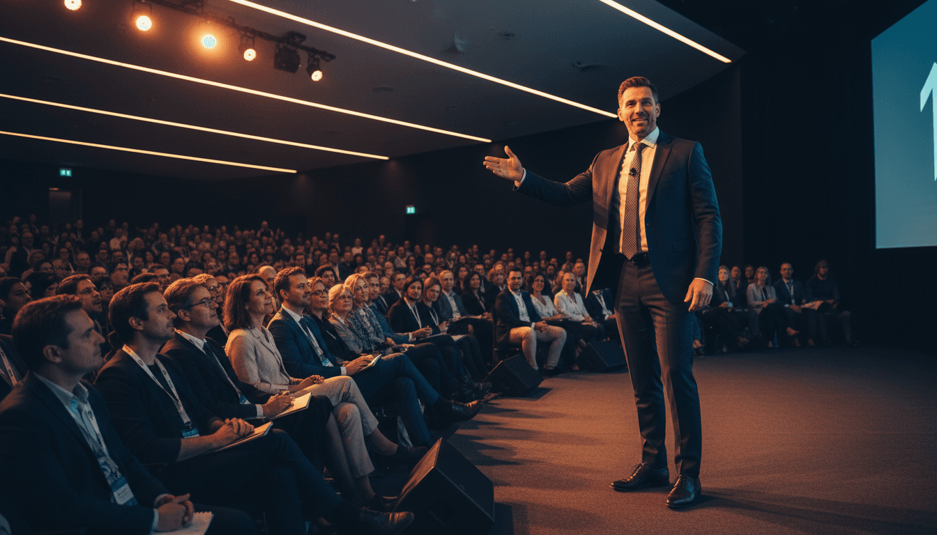 Jordan Avery delivering campaign speech at podium with American flags
